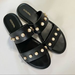 Black & Gold Pearl Sandals 9.5 Merona Flats COMFY! Vegan